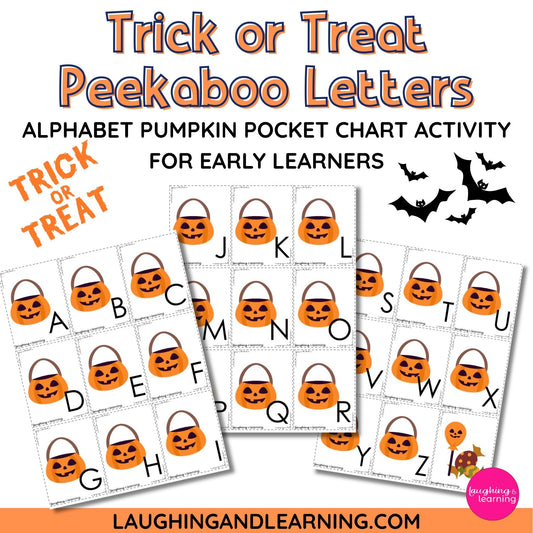 Halloween-themed alphabet pocket chart activity with pumpkin buckets and letters, featuring the brand 'Laughing and Learning'.