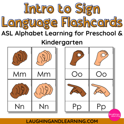 Flashcards for teaching sign language alphabet to preschool and kindergarten students, featuring letters M, O, N, and P.