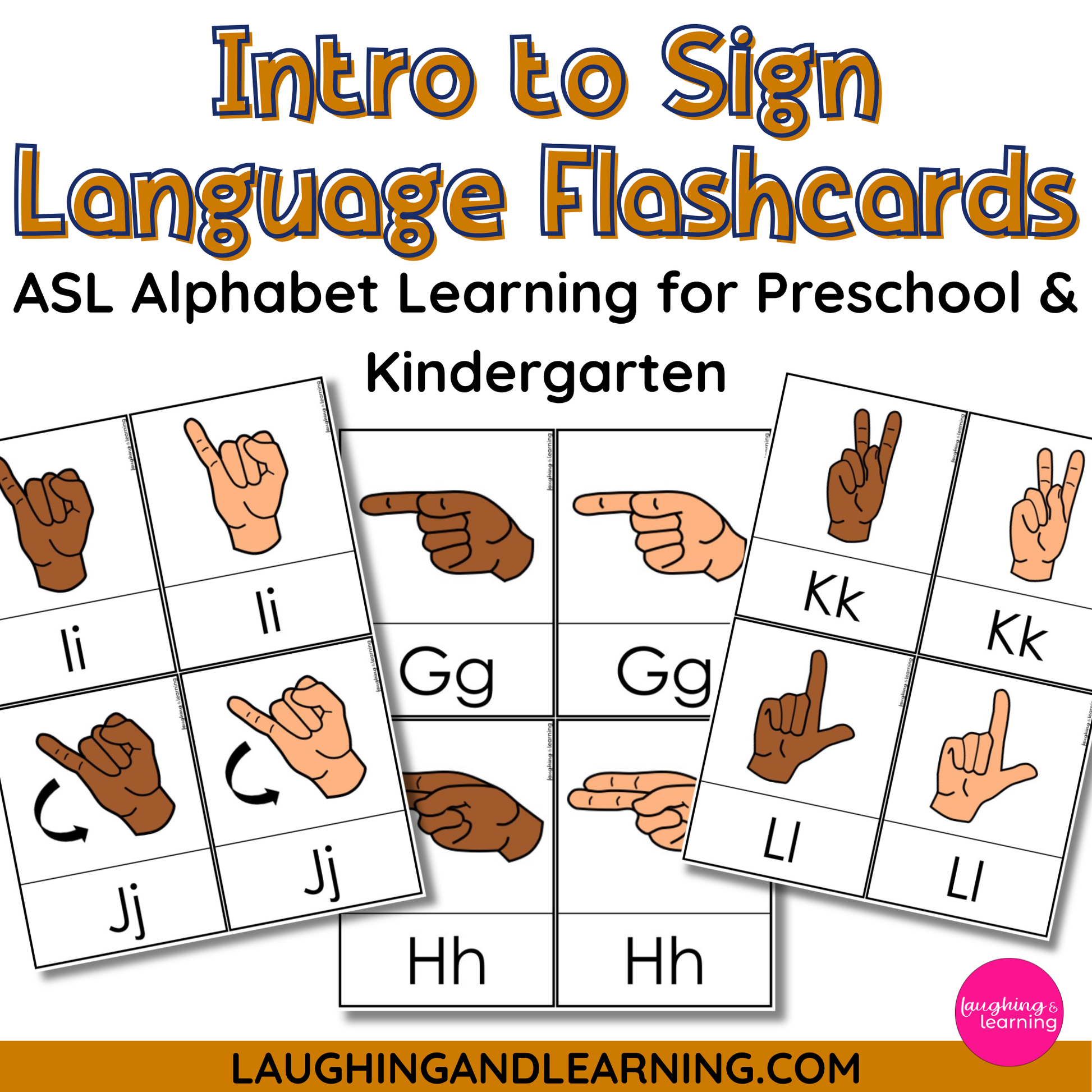 Sign language flashcards for ASL alphabet learning with cartoon hands on a white background.