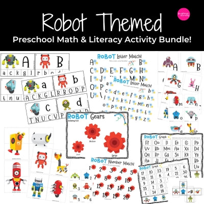 Robot-themed preschool math and literacy activity bundle
