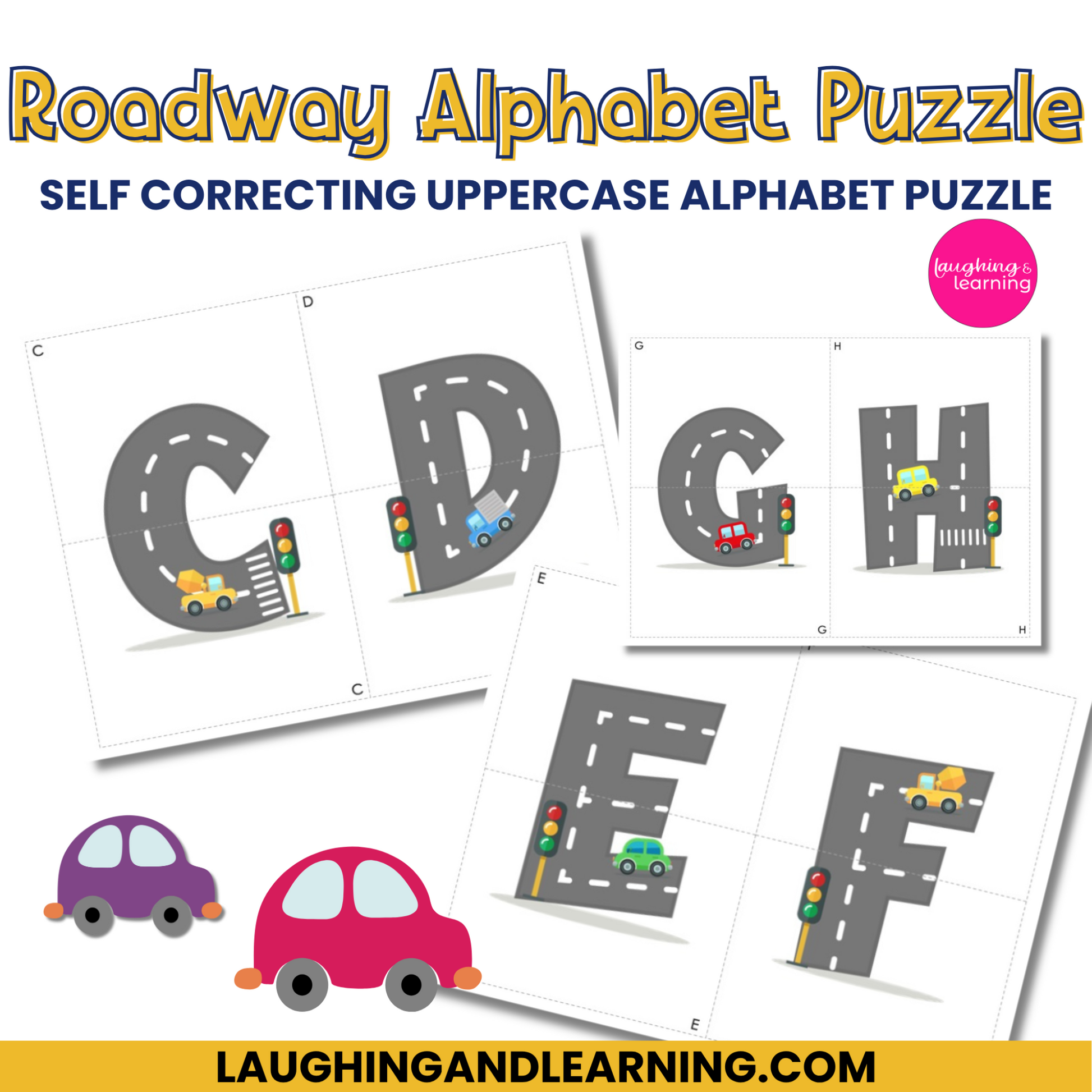 Roadway Alphabet Puzzle with uppercase letters and cartoon cars on a white background