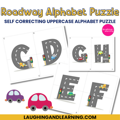 Roadway Alphabet Puzzle with uppercase letters and cartoon cars on a white background