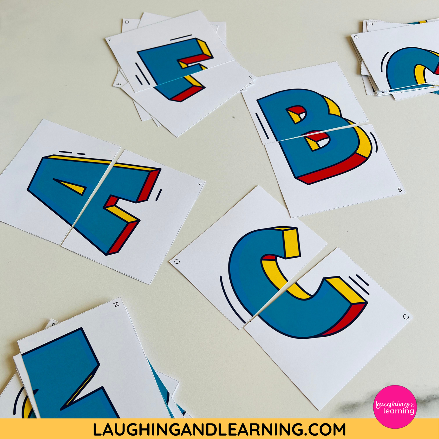 Colorful letter puzzles on a light background with 'Laughing and Learning' branding.