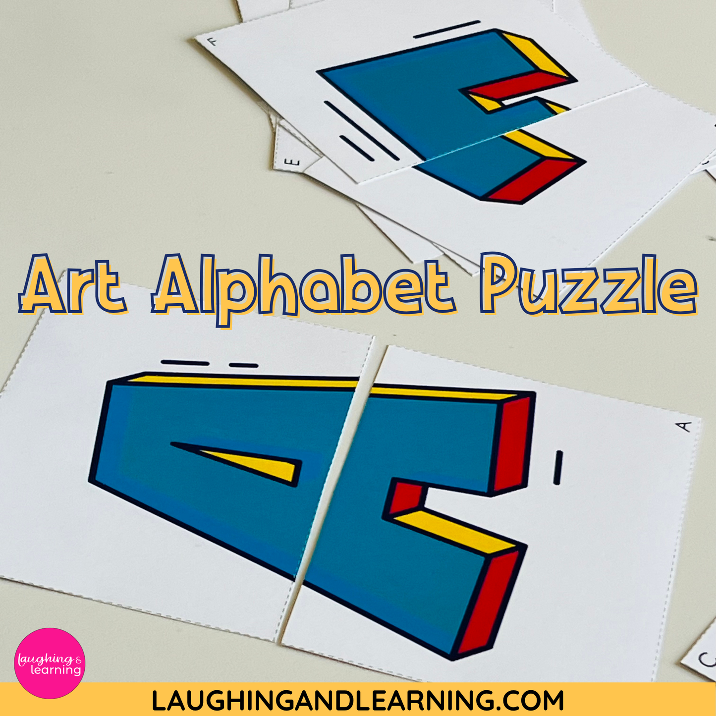 Colorful letter 'E' puzzle with 'Art Alphabet Puzzle' text and website link.
