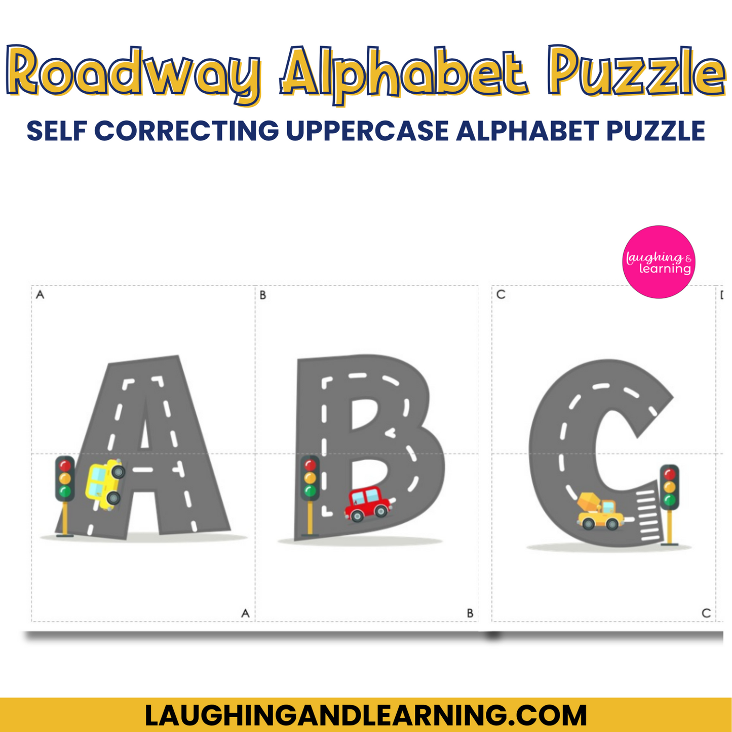 Roadway Alphabet Puzzle with letters A, B, and C, each with traffic light and vehicle illustrations, on a white background.