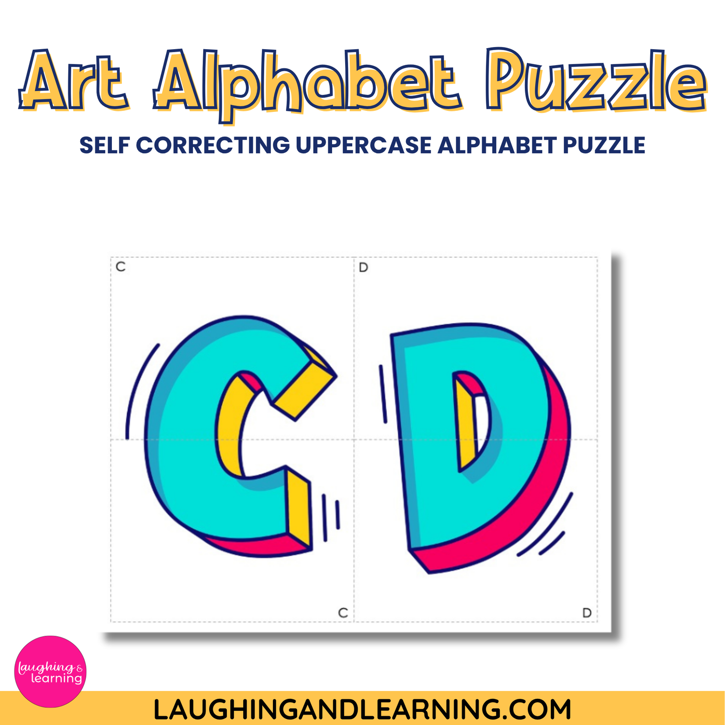 Colorful uppercase letter 'C' and 'D' puzzle with 'Laughing and Learning' branding.