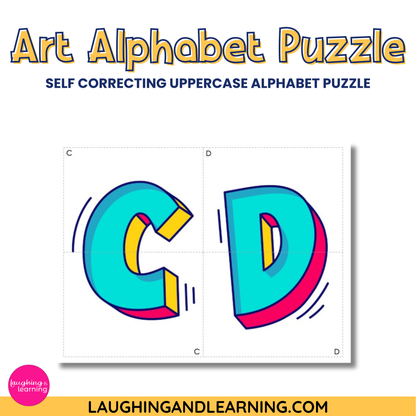 Colorful uppercase letter 'C' and 'D' puzzle with 'Laughing and Learning' branding.