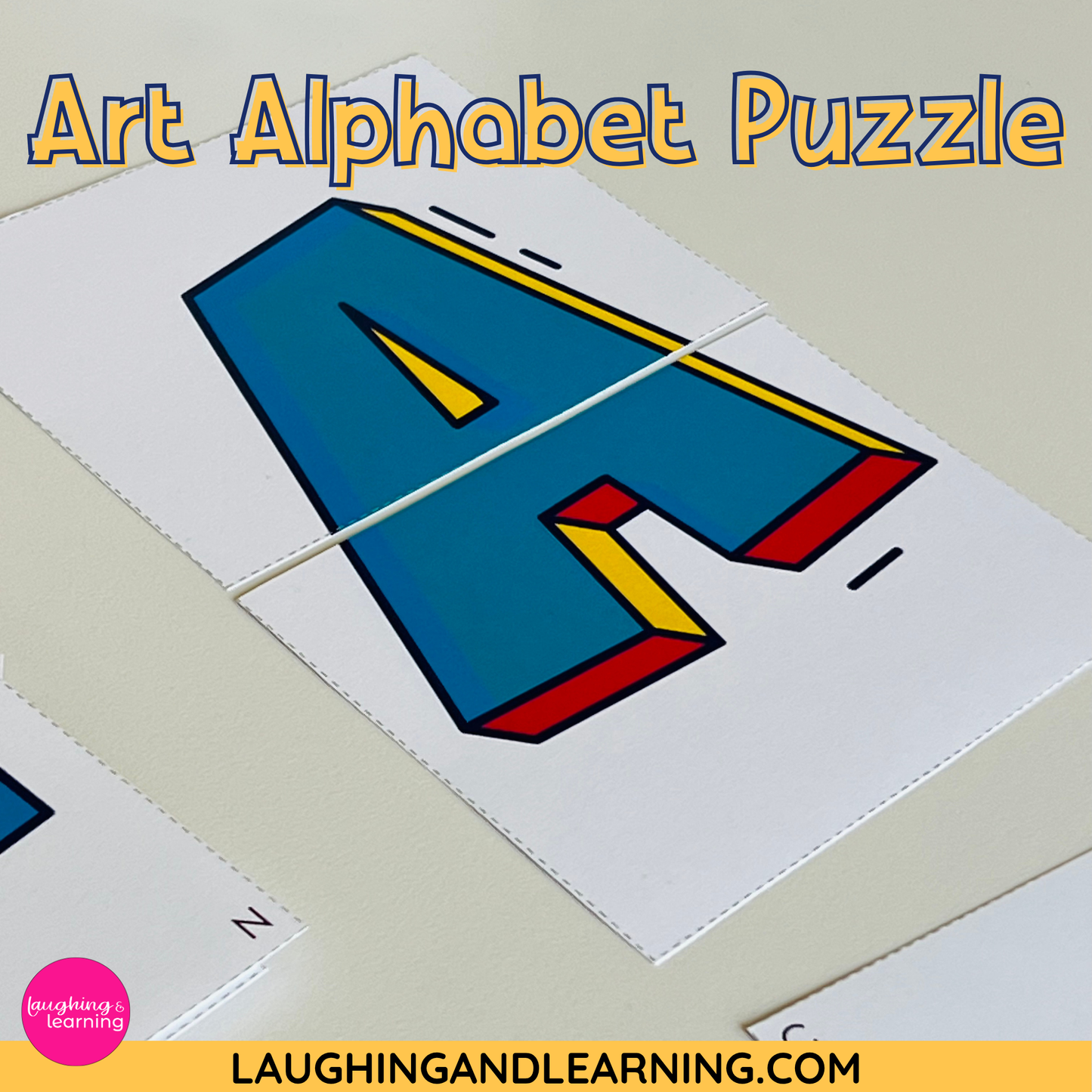 Colorful letter 'A' puzzle piece on a white background with 'Laughing and Learning' branding.