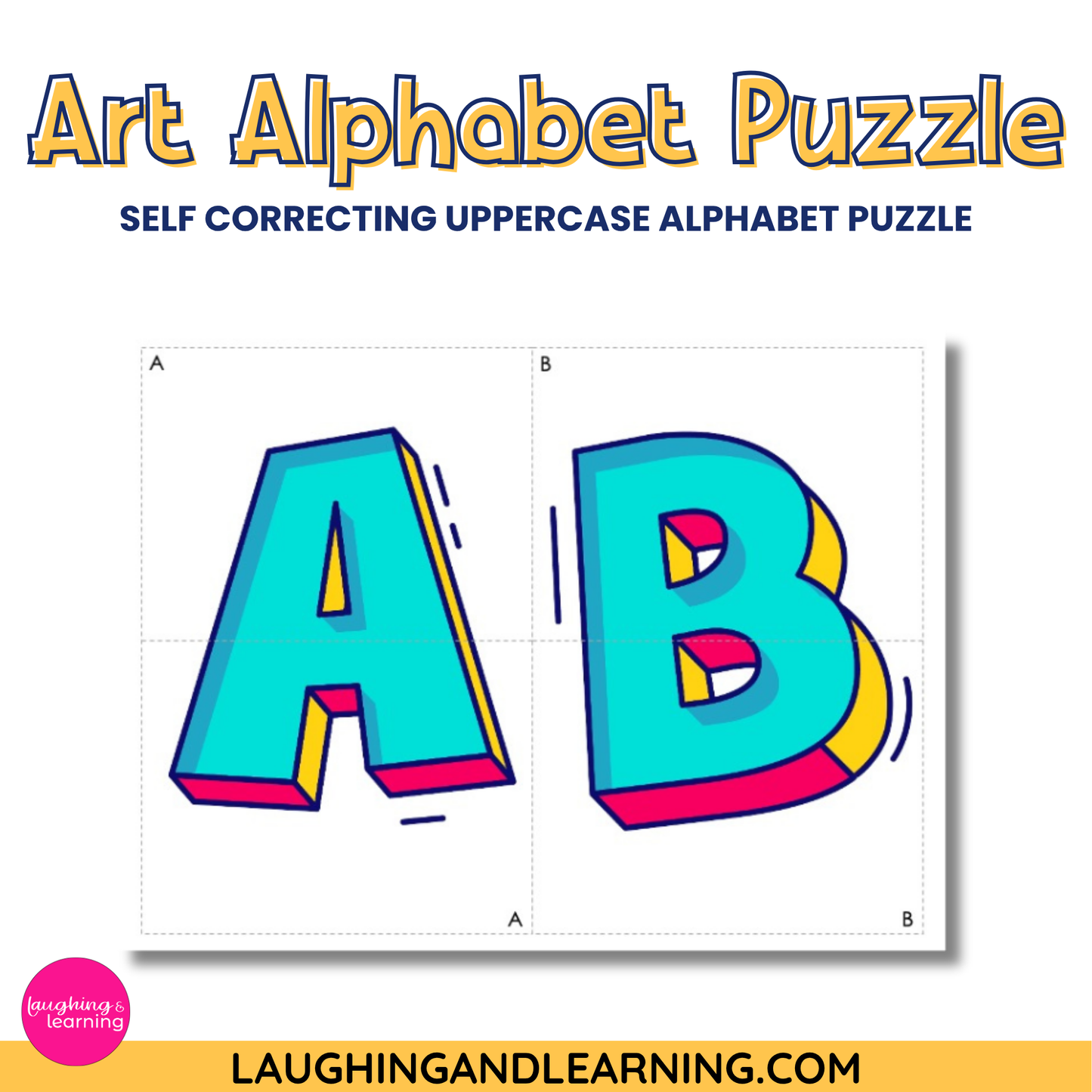 Colorful uppercase alphabet puzzle with 'AB' on a white background, featuring the brand 'Laughing and Learning'.