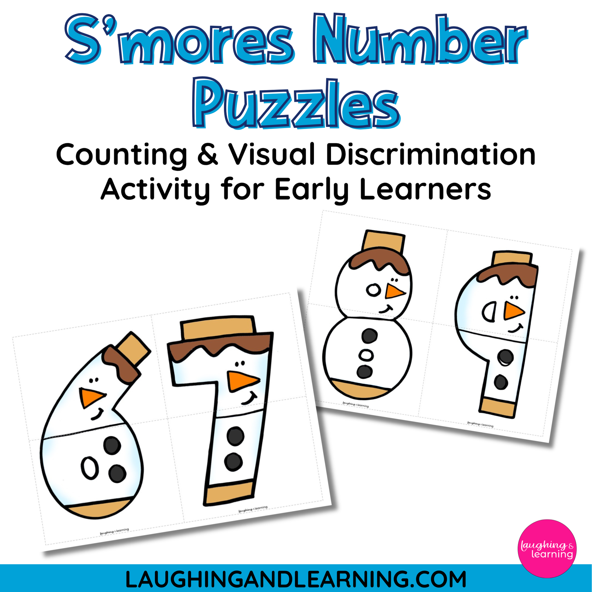 S'mores Number Puzzles for early learners with snowman designs and the brand 'Laughing and Learning' visible.