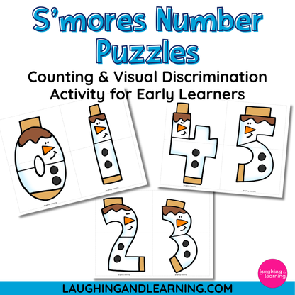 S'mores Number Puzzles for early learners with snowman designs on a white background.