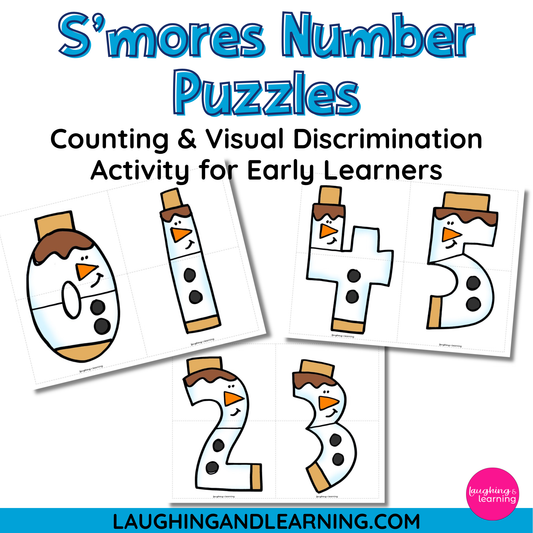 S'mores Number Puzzles for early learners with snowman designs on a white background.