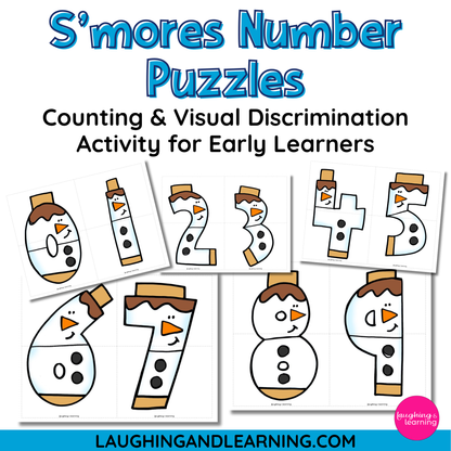 S'mores-themed number puzzles for counting and visual discrimination activity on a white background.