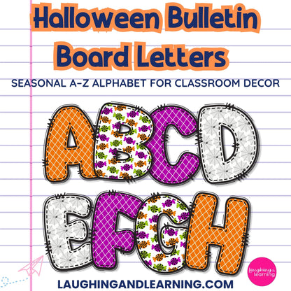 Halloween-themed bulletin board letters on a lined paper background with 'Laughing and Learning' branding.