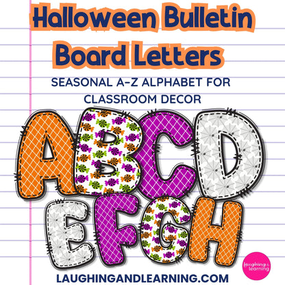 Halloween-themed bulletin board letters on a lined paper background with 'Laughing and Learning' branding.