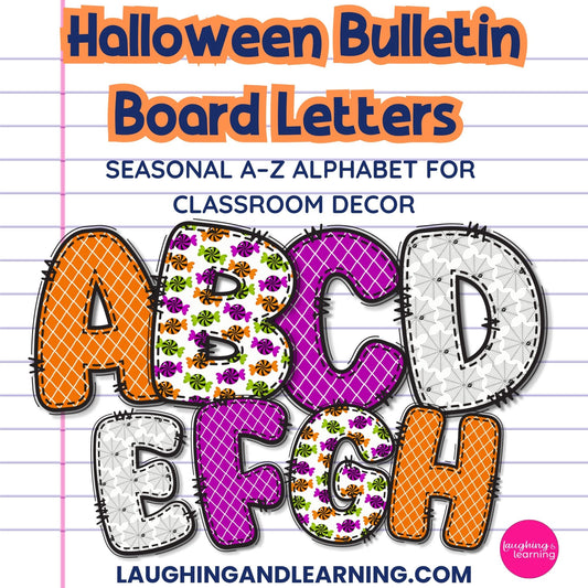Halloween-themed bulletin board letters on a lined paper background with 'Laughing and Learning' branding.