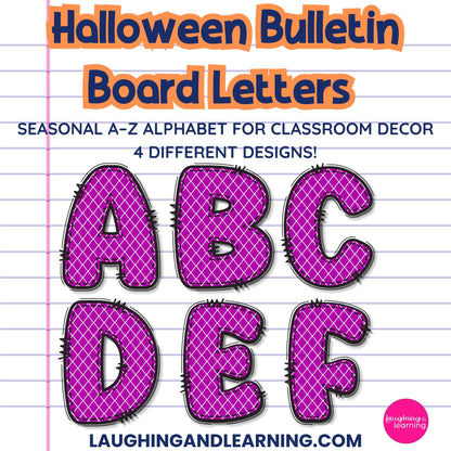 Halloween-themed bulletin board letters on a lined paper background with 'Laughing and Learning' branding.