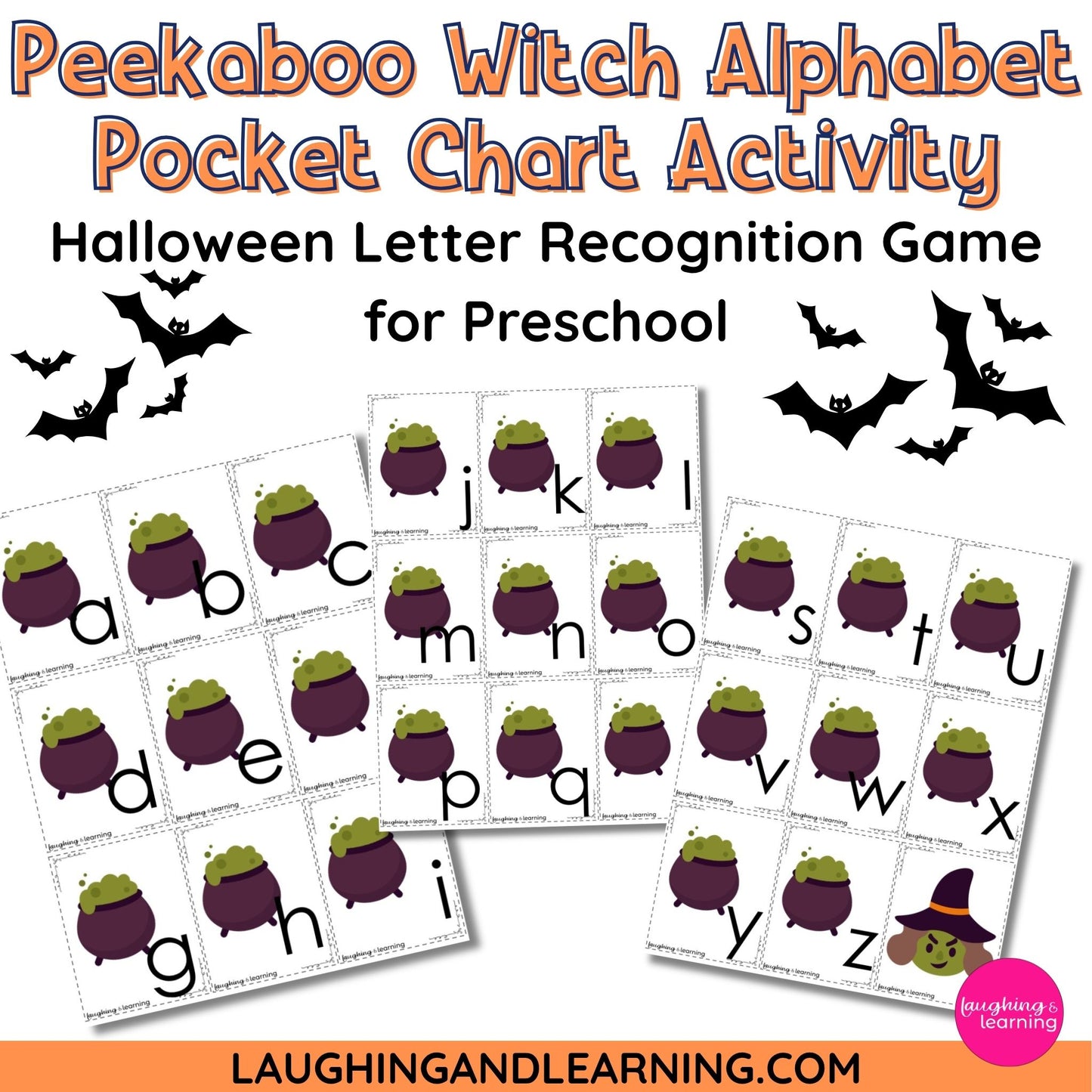 Halloween-themed alphabet pocket chart activity with letters and cauldrons for preschoolers, featuring bats on a white background.