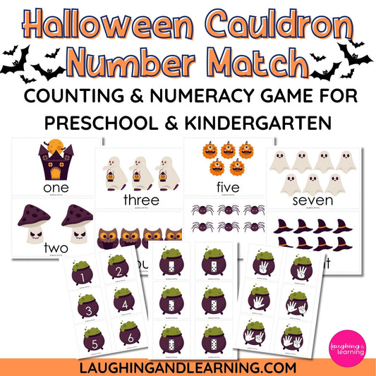 Halloween-themed number matching game for preschool and kindergarten with cauldrons, ghosts, and pumpkins.