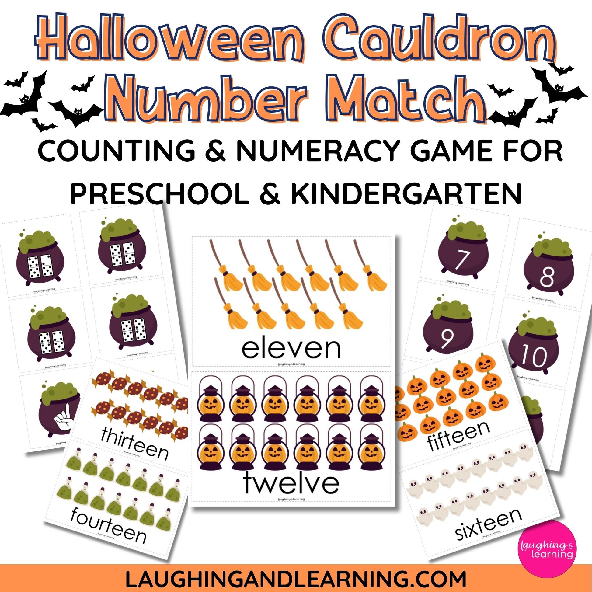 Halloween-themed number matching game for preschool and kindergarten students, featuring cauldrons and pumpkins.