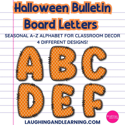 Halloween-themed bulletin board letters on a notebook paper background with 'Laughing and Learning' branding.