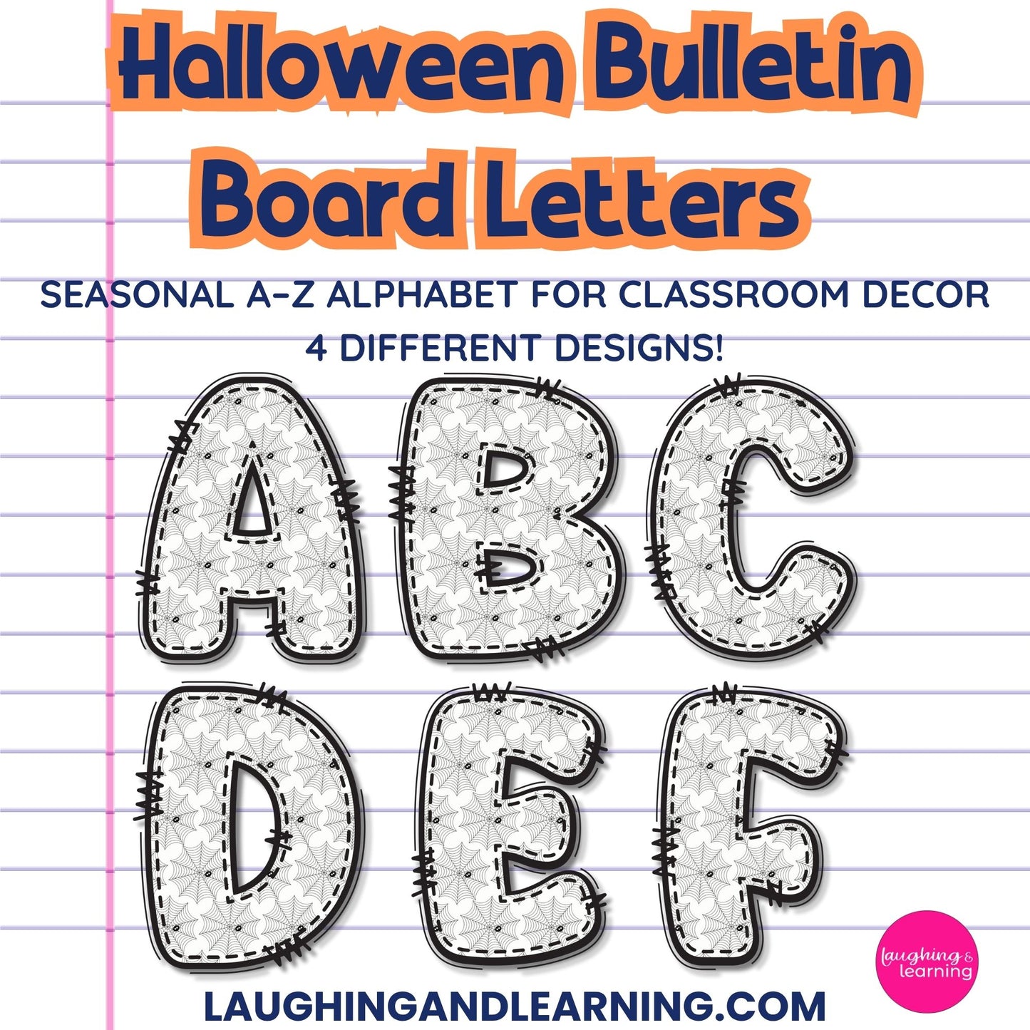 Halloween-themed bulletin board letters on a notebook paper background with text about classroom decor.