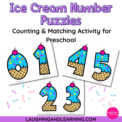 Ice cream number puzzles for counting and matching activity with colorful ice cream cones and numbers.