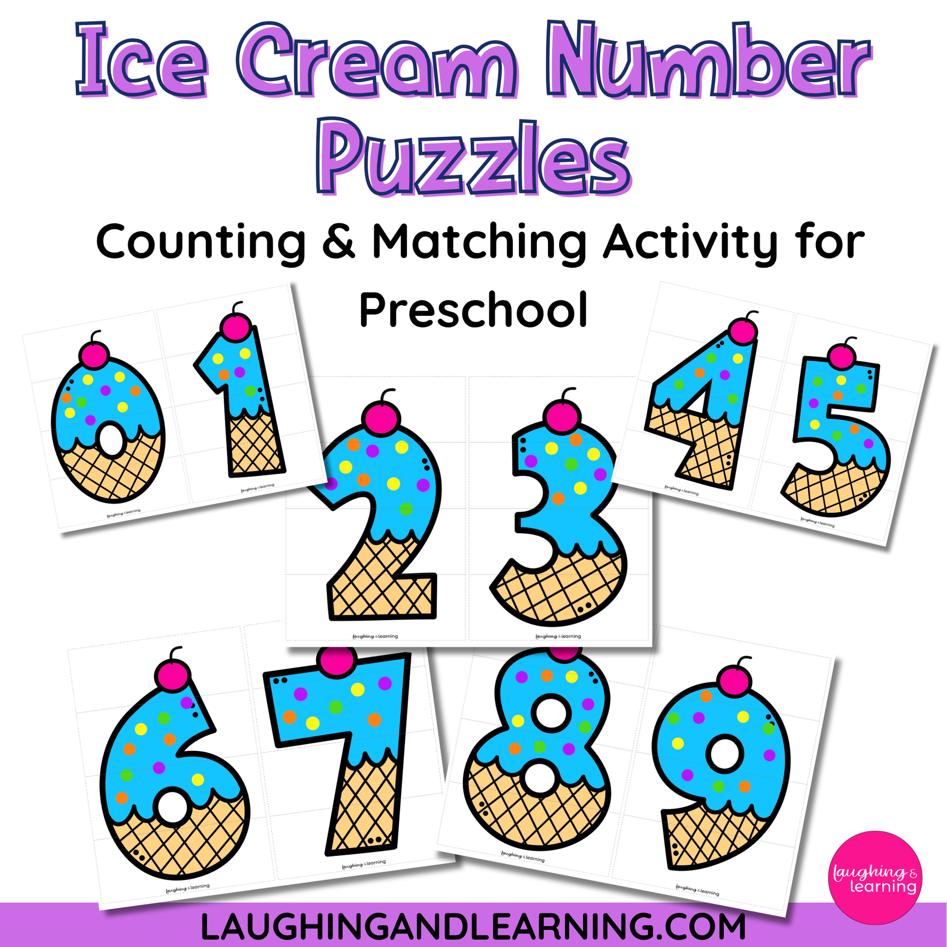 Ice cream number puzzles for counting and matching activity with 'Laughing and Learning' branding.