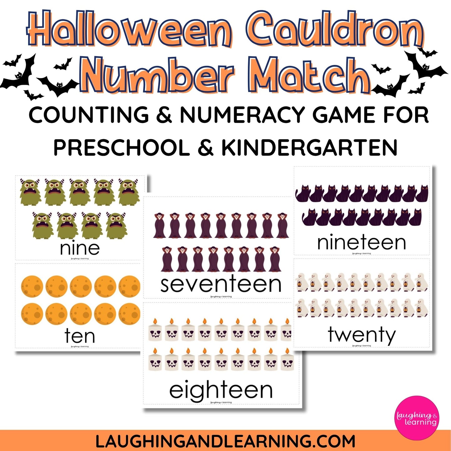 Halloween-themed number matching game for preschool and kindergarten with cauldrons, bats, and numbers.
