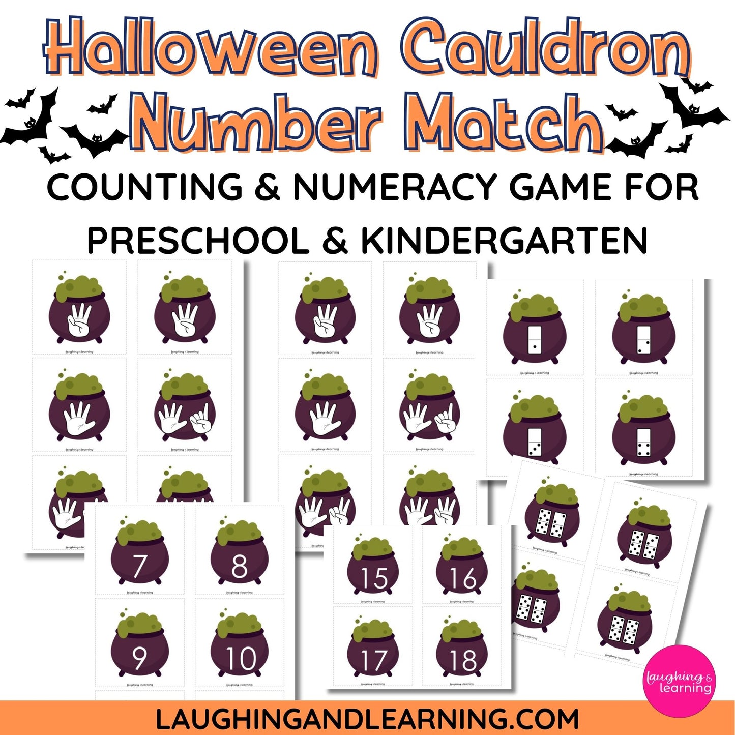 Halloween-themed number matching game for preschool and kindergarten students with cauldrons and numbers.
