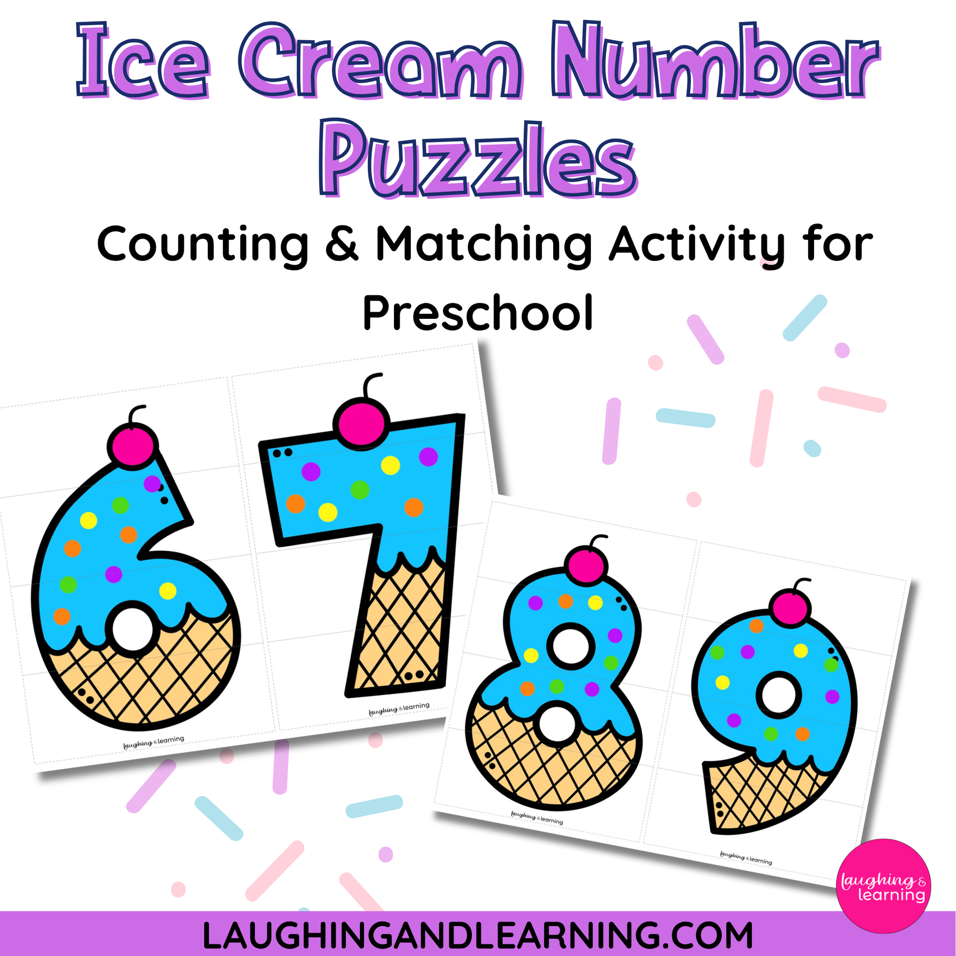 Ice cream-themed number puzzles for preschool counting and matching activity with colorful sprinkles on a white background.