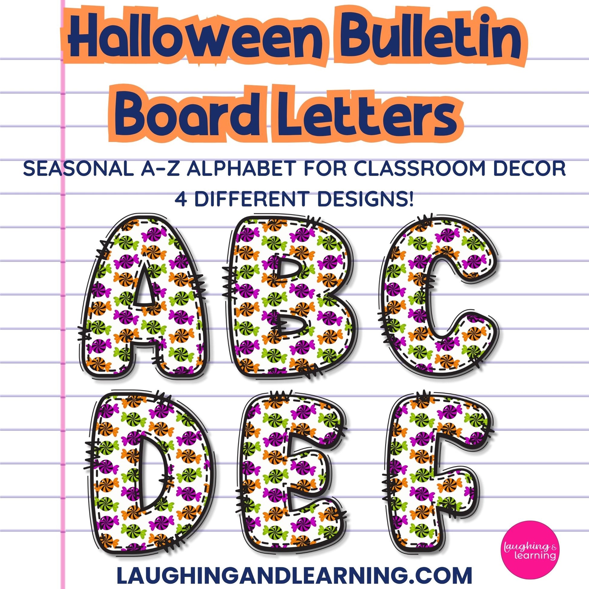 Halloween-themed bulletin board letters on a notebook paper background with 'Laughing and Learning' branding.