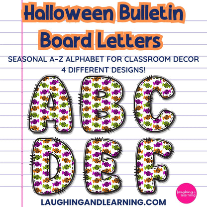 Halloween-themed bulletin board letters on a notebook paper background with 'Laughing and Learning' branding.