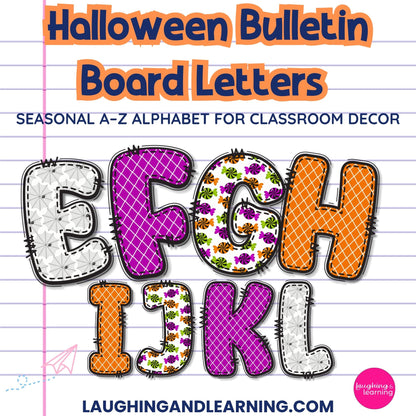 Halloween-themed bulletin board letters on a notebook paper background with 'Laughing and Learning' branding.