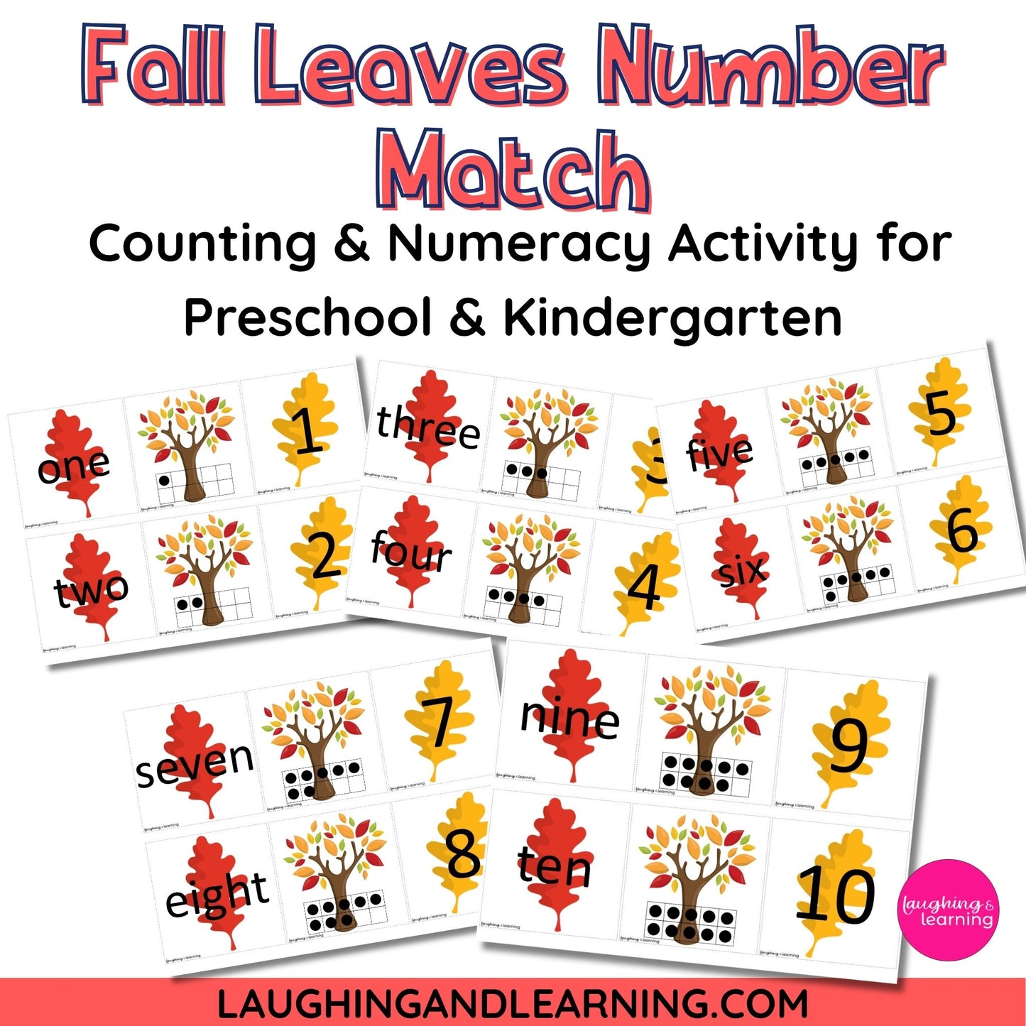 Educational activity set for preschool and kindergarten with fall-themed cards for counting and numeracy.