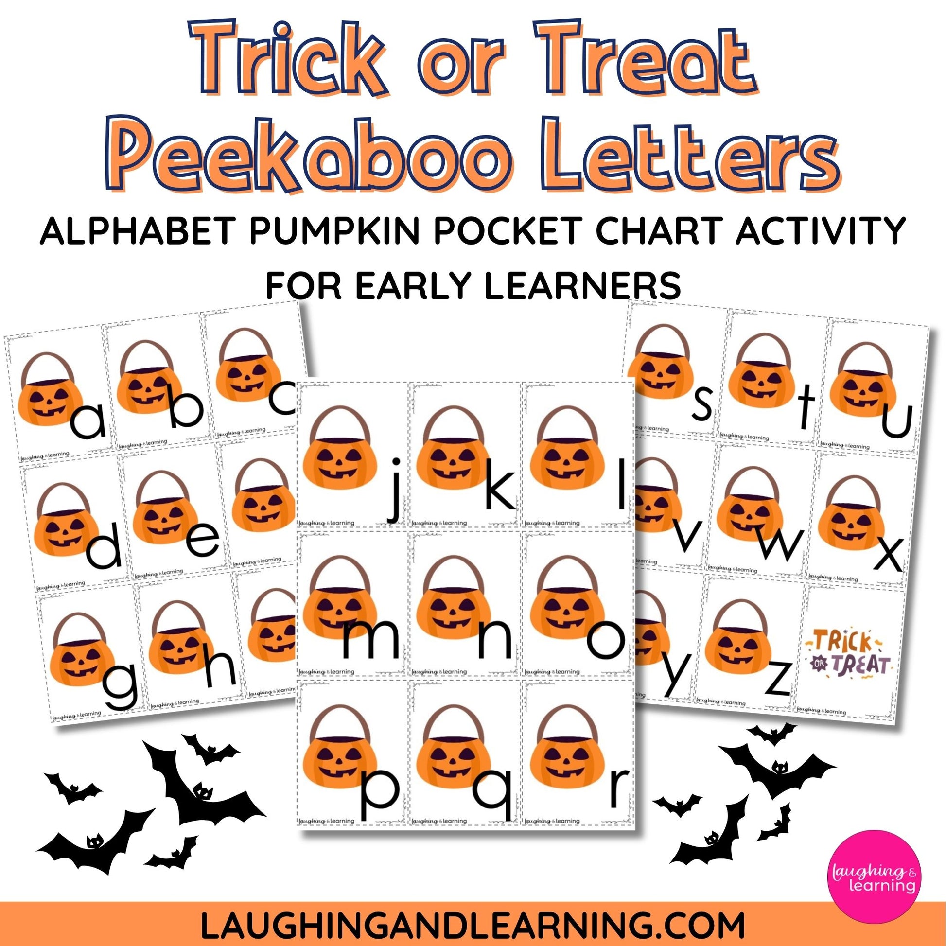 Halloween-themed alphabet pocket chart activity with pumpkins and letters, suitable for early learners.