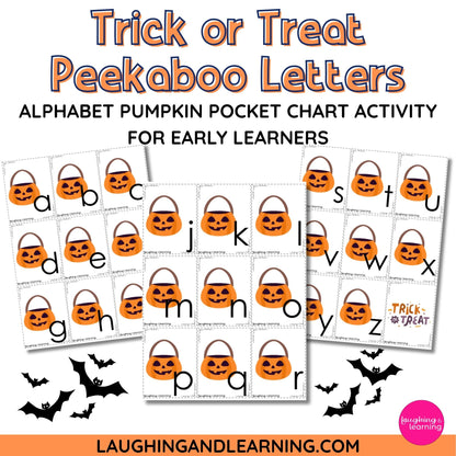 Halloween-themed alphabet pocket chart activity with pumpkins and letters, suitable for early learners.