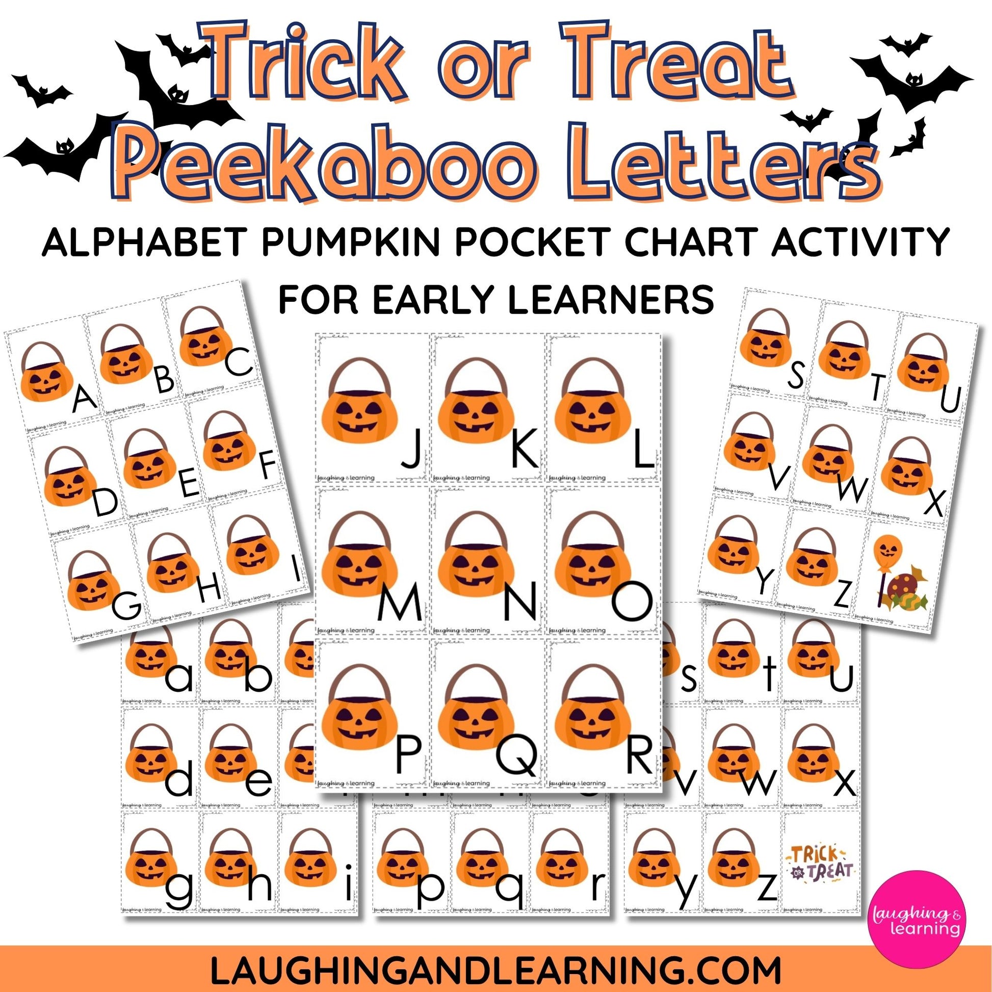 Halloween-themed alphabet pocket chart activity with pumpkins and letters for early learners, featuring the brand 'Laughing and Learning'.