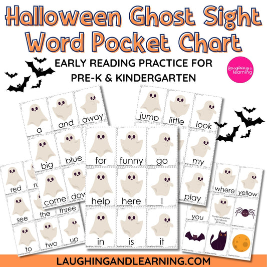 Halloween-themed sight word pocket chart for early reading practice with ghosts